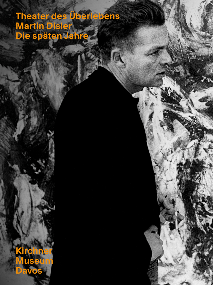Side profile of Martin Disler in front of abstract painting with Theater der Urberlebens Die spaten Jahre in orange font