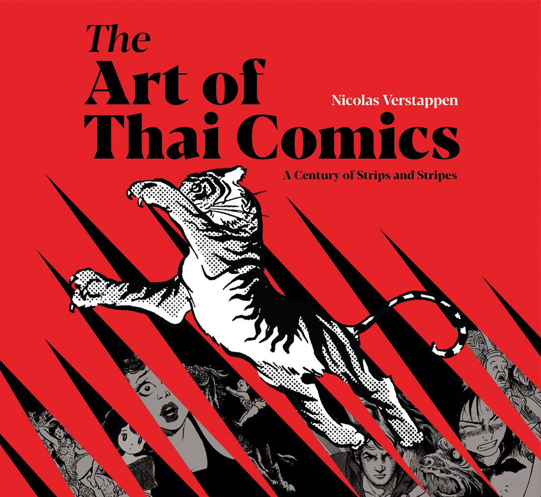 Tiger leaping in the air, red background, 'The Art of Thai Comics', in black font above, by River Books.