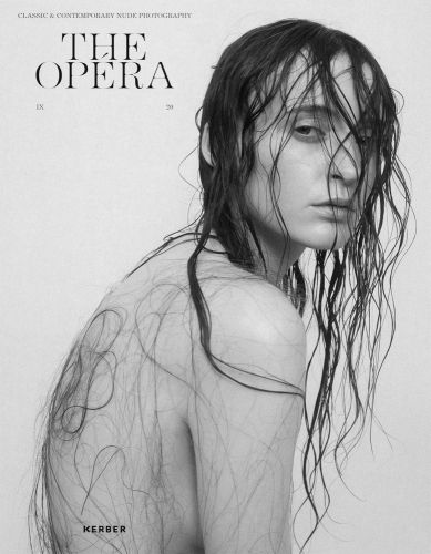 Side profile photo of nude female model with strands of damp wavy hair over face and and stuck to back with The Opéra in black font to top left corner