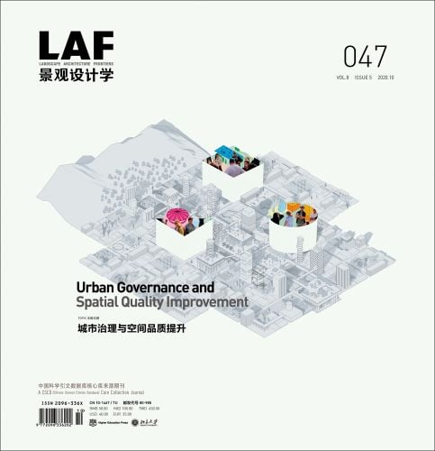 Aerial graphic of urban landscape, 3 white shapes containing people, LAF 047 Urban Governance and Spatial Quality Improvement in black and grey font.