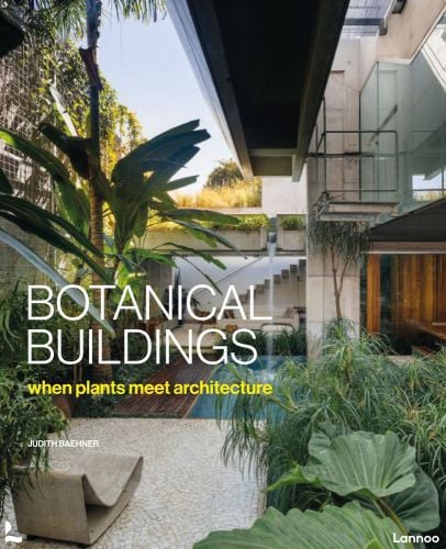 Relaxing exterior space with small pool surrounded by green exotic palm trees with Botanical Buildings when plants meet architecture in white and yellow font