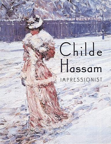 Portrait painting, Lady in Pink by Childe Hassam, 1890, lady in pink dress walking in snow, Childe Hassam IMPRESSIONIST in black font to centre right.
