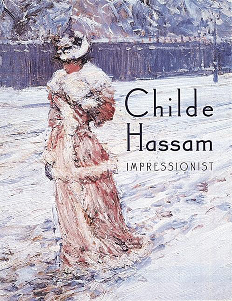 Portrait painting, Lady in Pink by Childe Hassam, 1890, lady in pink dress walking in snow, Childe Hassam IMPRESSIONIST in black font to centre right.