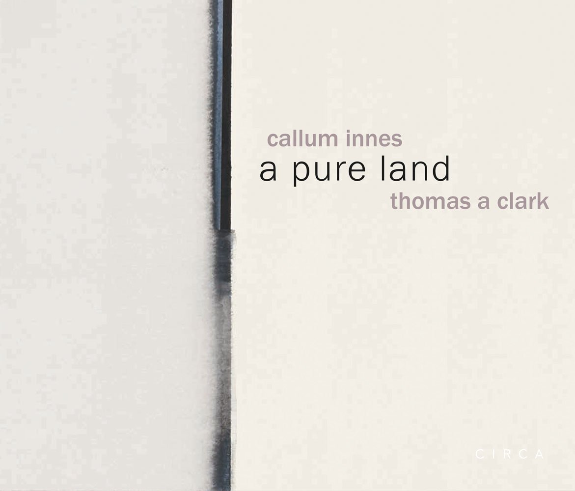 callum innes a pure land thomas a clark in beige and black on cream cover, vertical bleeding black paint line to centre.