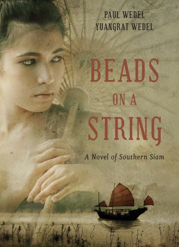 Thai woman holding parasol, sailing vessel below, 'BEADS ON A STRING', in pink font above, by River Books.