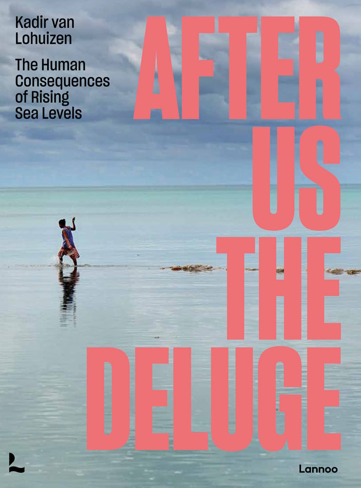 Women walking through flooded land, on cover of 'After Us The Deluge, The Human Consequences of Rising Sea Levels', by Lannoo Publishers.