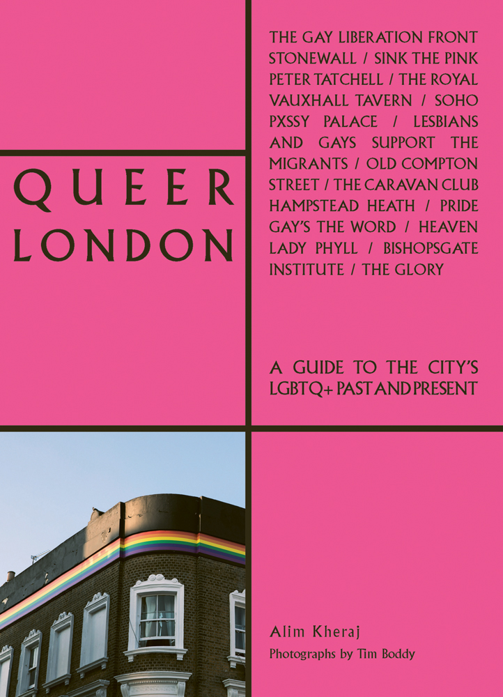LGBT rainbow flag painted to top edge of brick building, on pink cover of 'QUEER LONDON', by ACC Art Books.