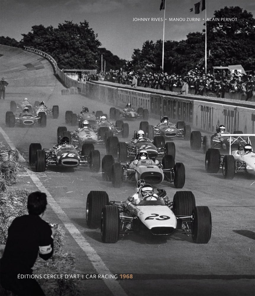 Action shot of sports car race, spectators watching from side, Johnny Rives Manou Zurini Alain Pernot Editions Cercle D'Art Car Racing 1968 in white and beige to top and bottom.