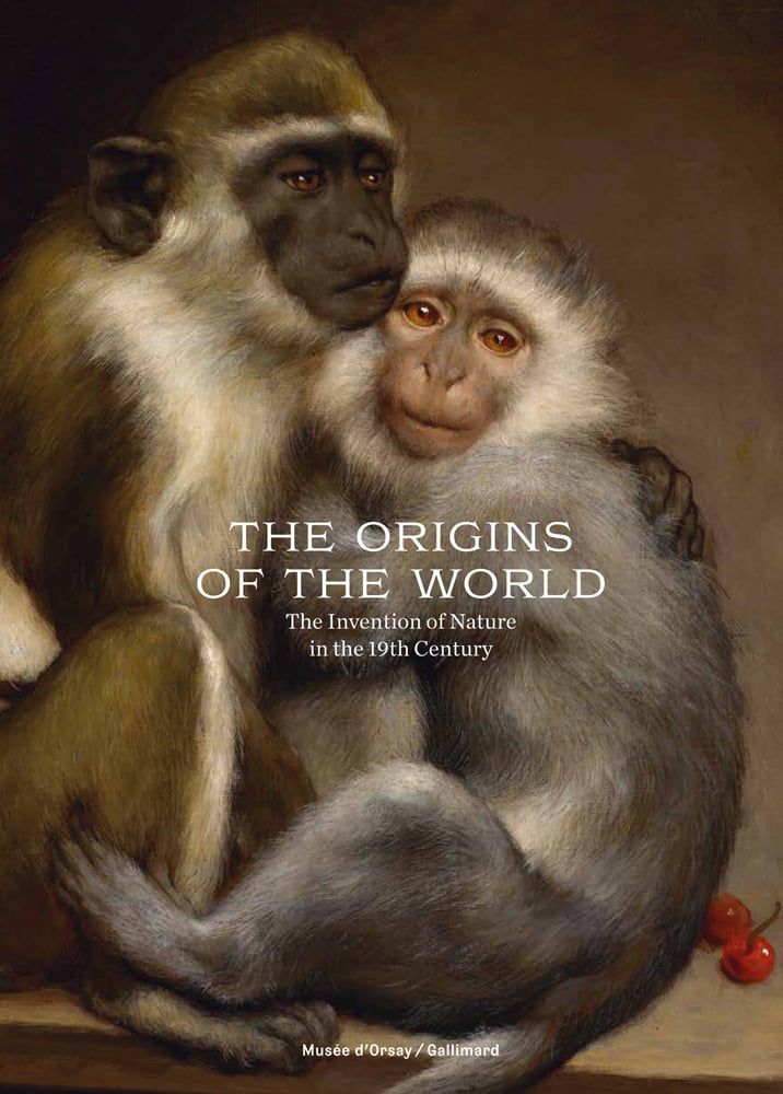 Two brown and grey monkeys grasping one another with 2 cherries to lower right and The Origins of the World in white font