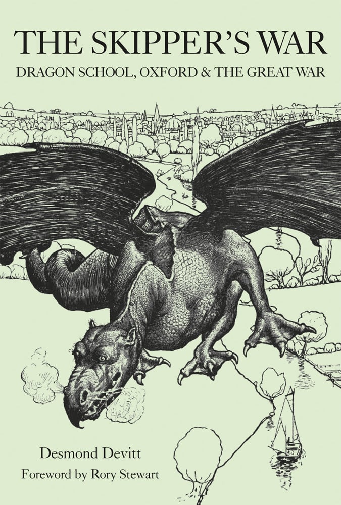 Detailed black drawing of snorting dragon flying through sky with cityscape behind and The Skipper's War in black font above