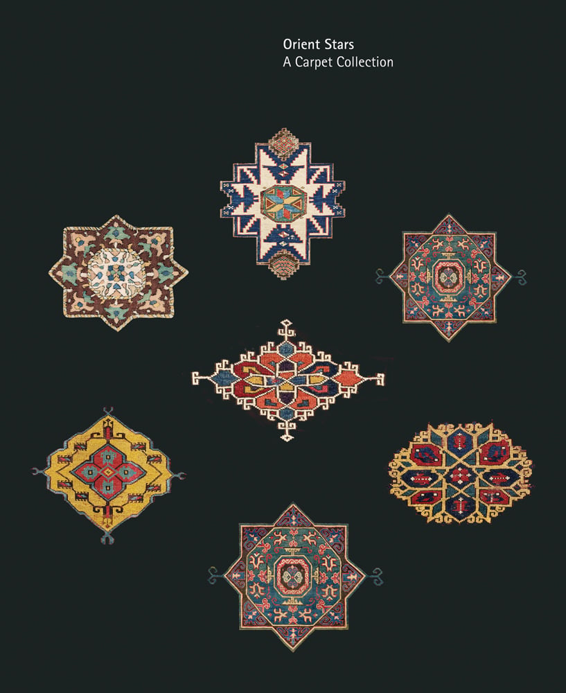 Seven decorative carpet motifs in a circle, on black cover of 'Orient Stars A Carpet Collection', by Hali Publications.