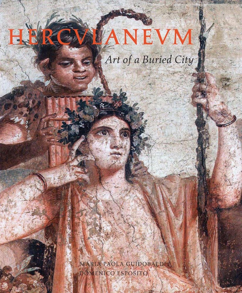 Close up of wall painting of Hercules and his son Telephos, HERCVLANEVM Art of a Buried City in orange and black font above.