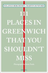 Vertical red line down center of pale green cover of '111 Places in Greenwich That You Shouldn't Miss', by Emons Verlag.