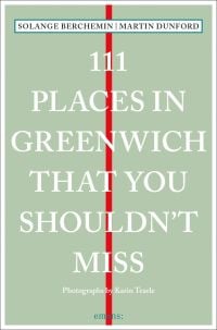 Vertical red line down center of pale green cover of '111 Places in Greenwich That You Shouldn't Miss', by Emons Verlag.