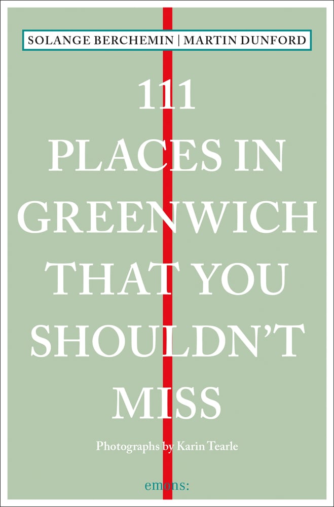 Vertical red line down centre of pale green cover of '111 Places in Greenwich That You Shouldn't Miss', by Emons Verlag.