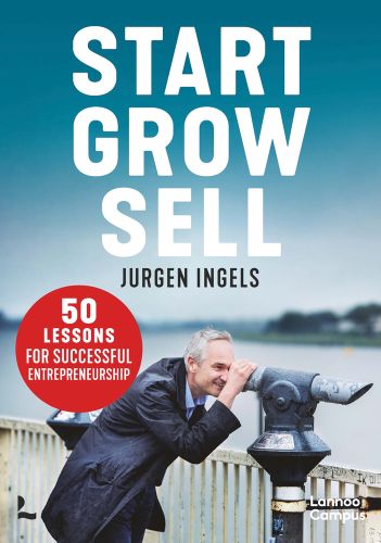 Suited businessman looking out to sea through stationary telescope, Start Grow Sell Jurgen Ingels in white and black font, 50 Tips for Entrepreneurial Greatness in white in a red circle.