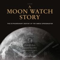 Black book cover of A Moon Watch Story, The Extraordinary Destiny of the Omega Speedmaster, featuring the moon's surface with speed master clock face on top. Published by Watchprint.com.