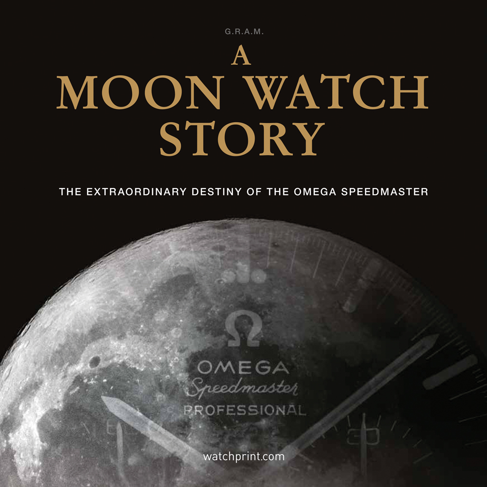 Moon surface featuring transparent image of speed master clock face on top, A Moon Watch Story The Extraordinary Destiny of the Omega Speedmaster in gold and white font above.