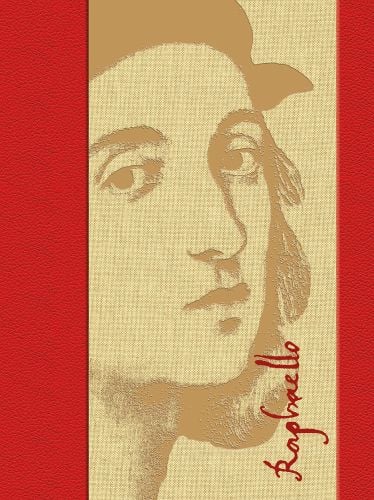 Head portrait of Raphael with beige textured filter and blood red border to left and right side with Raffaello vertically to lower right corner
