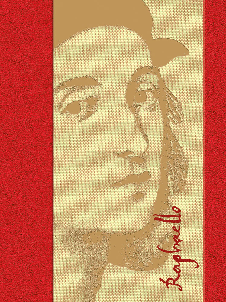 Portrait of Raphael with beige textured filter and blood red border to left and right side, Raffaello in red font vertically to lower right corner.