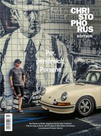 Cream Porsche, wall mural of man in hat behind, with man in t-shirt and shorts leaning against wall, on cover of 'XL-Special Porsche Magazin Christophorus, The people issue. Christophorus Edition', by Delius Klasing.