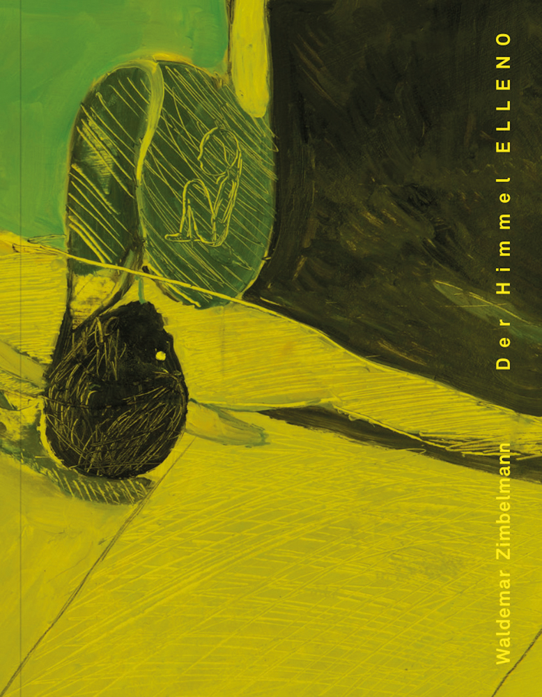 Abstract glass painting in yellow and green, upside foetal figure with black head, Waldemar Zimbelmann Der Himmel ELLENO in yellow font down right edge.