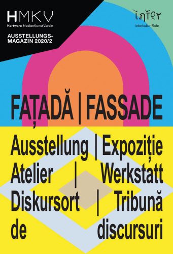 Bold yellow, pink, blue, orange diamond and rainbow patterns with Fatada/Fassade in black font across centre