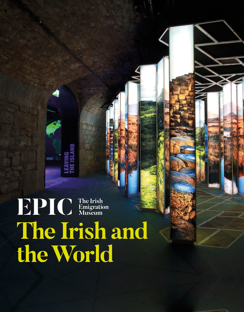 Arched brick interior of museum, columns with Irish landscape emblazoned across, EPIC: The Irish Emigration Museum in white font to lower left