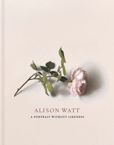 Pale pink rose with green stem with foliage on cream cover, Alison Watt A Portrait Without Likeness in dusk pink and black