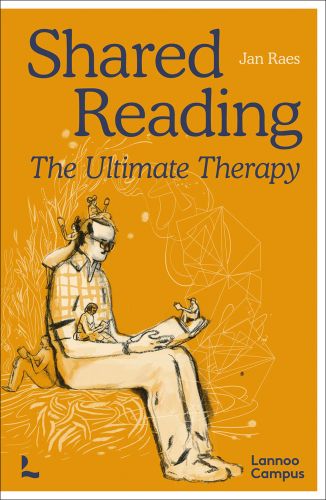 Seated figure reading with smaller figures on book and arm with Shared Reading The Ultimate Therapy in blue font on orange cover