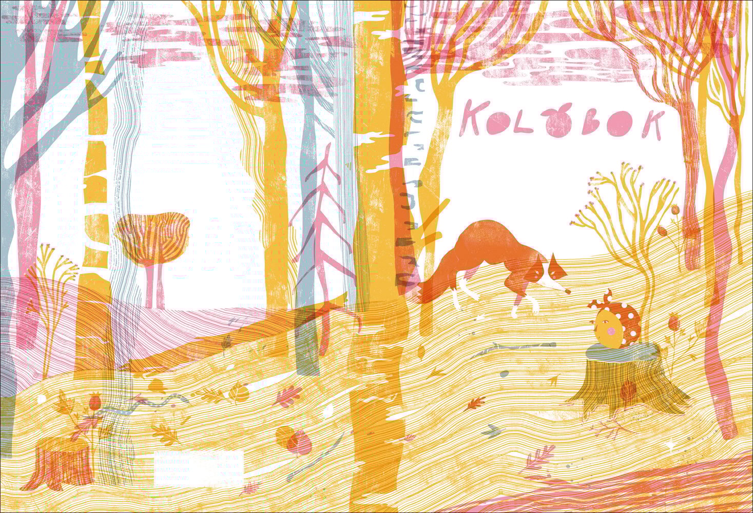 Book cover of Sian Valvis' Kolobok: A Bun on the Run, with a woodland forest. Published by Fontanka.