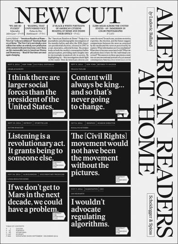 Newspaper front page with article headings, New Cut in black at top and American Readers at Home vertically on right in black font on white cover.