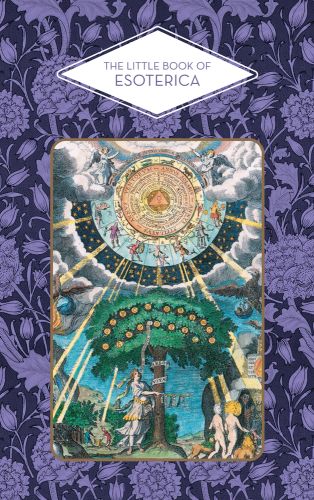 Antique print of green tree with oranges and sun dial above in clouded sky with The Little Book of Esoterica in purple on white diamond