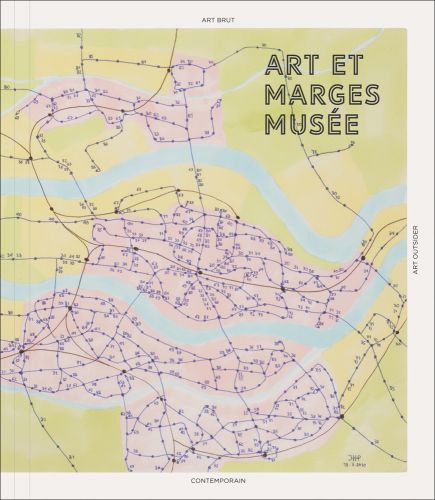 Map illustration of Brussels in green with blue lakes and numbered dotted black lines with Art et marges musée in black outline font