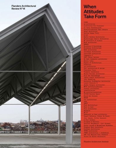 Large grey roof structure with cityscape in distance and contents list on red right side border with Flanders Architectural Review N°14 in black font