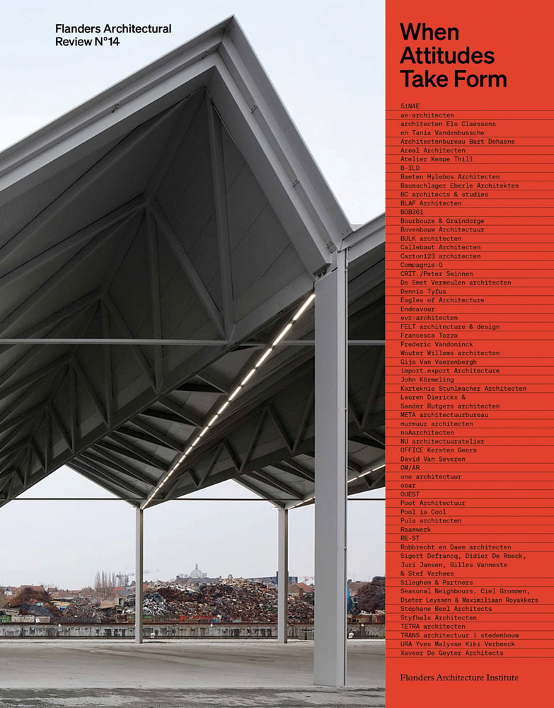 Large grey roof structure, cityscape in distance, contents list down red border, Flanders Architectural Review N°14 in black font to upper left.