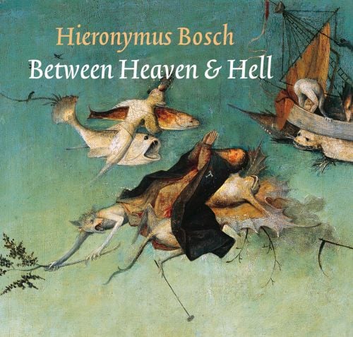 Detail of Triptych of Temptation of St. Anthony by Bosch, tormented beasts and flying white fish, Hieronymus Bosch Between Heaven & Hell in orange and white font above.