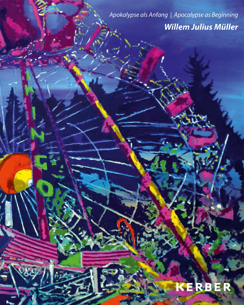 Bright painting of funfair big wheel with Apocalypse as Beginning Willem Julius Müller in white font to top right
