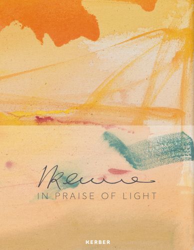 Pale yellow painting with orange patch at top and bright yellow streaks with Ikemura In Praise of Light in purple font to lower portion