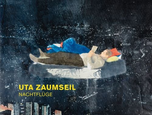 Aerial view of cityscape at night with figure lying on bed reading a book, floating through air and Uta Zaumseil Nachtflüge in yellow font