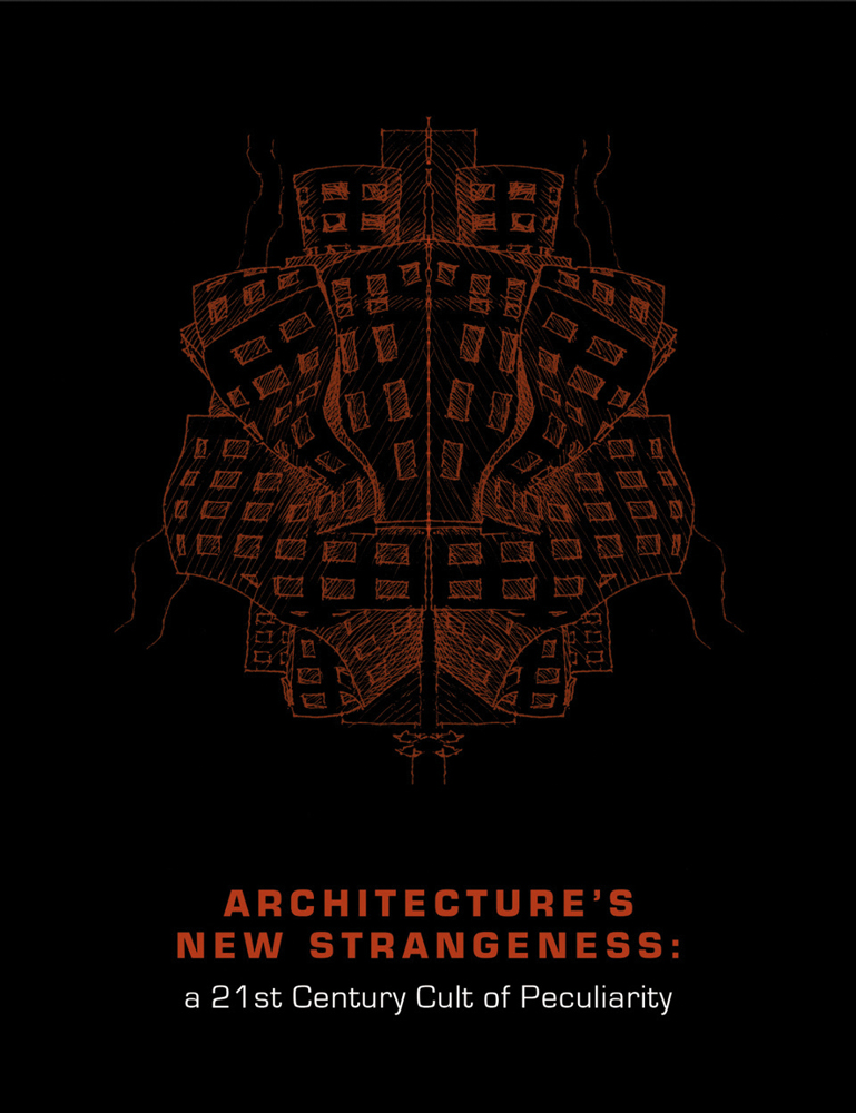 3D orange structure with window shapes to surface, on black cover, ARCHITECTURE'S NEW STRANGENESS in orange font below