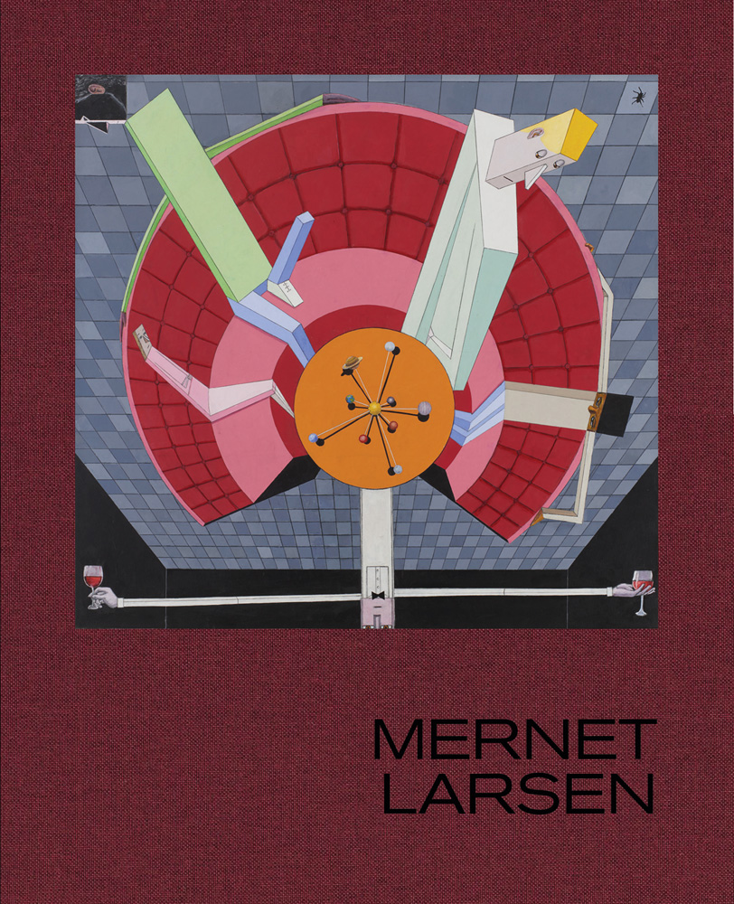 Aerial perspective illustration on maroon cover of 4 figures seated at table with geometric floor and Mernet Larsen in black font below