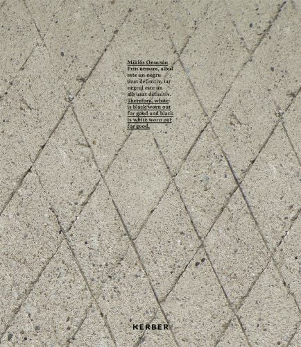 Grey concrete surface with diamond shape pattern cut into it with Miklós Onucsán in black font above by Kerber
