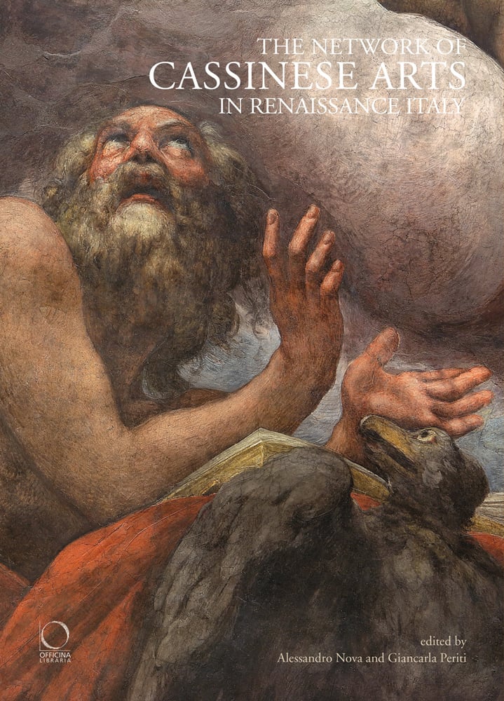 Bearded man looking to sky, his hands open, black bird to lower right , The Network of Cassinese Arts in Renaissance Italy in white font above.