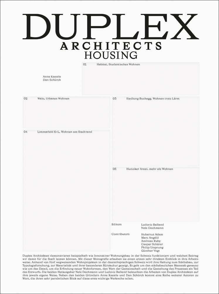 White cover with contents headings in very light grey boxes with Duplex Architects Housing in black capital letters above