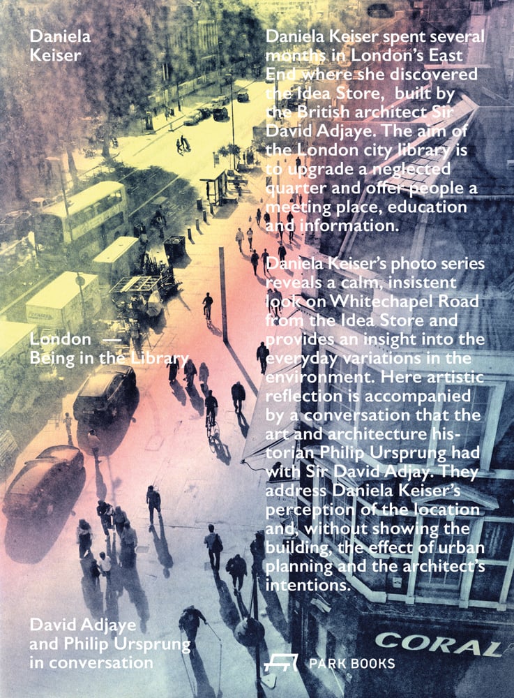 High perspective street view in London with traffic on road and Daniela Keiser London – Being in the Library in white font with text to right in white