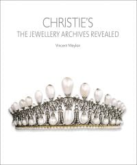 Cambridge Lover’s Knot tiara, with diamonds and pearls, on white cover of 'Christie's The Jewellery Archives Revealed' by ACC Art Books.