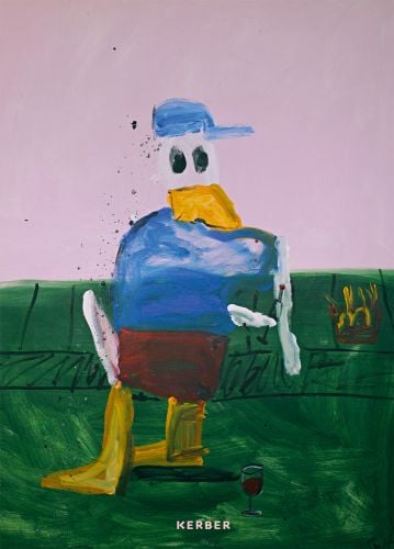 Naïve painting of duck like figure with yellow bill and feet in blue baseball cap standing on green surface with Kerber in white font below