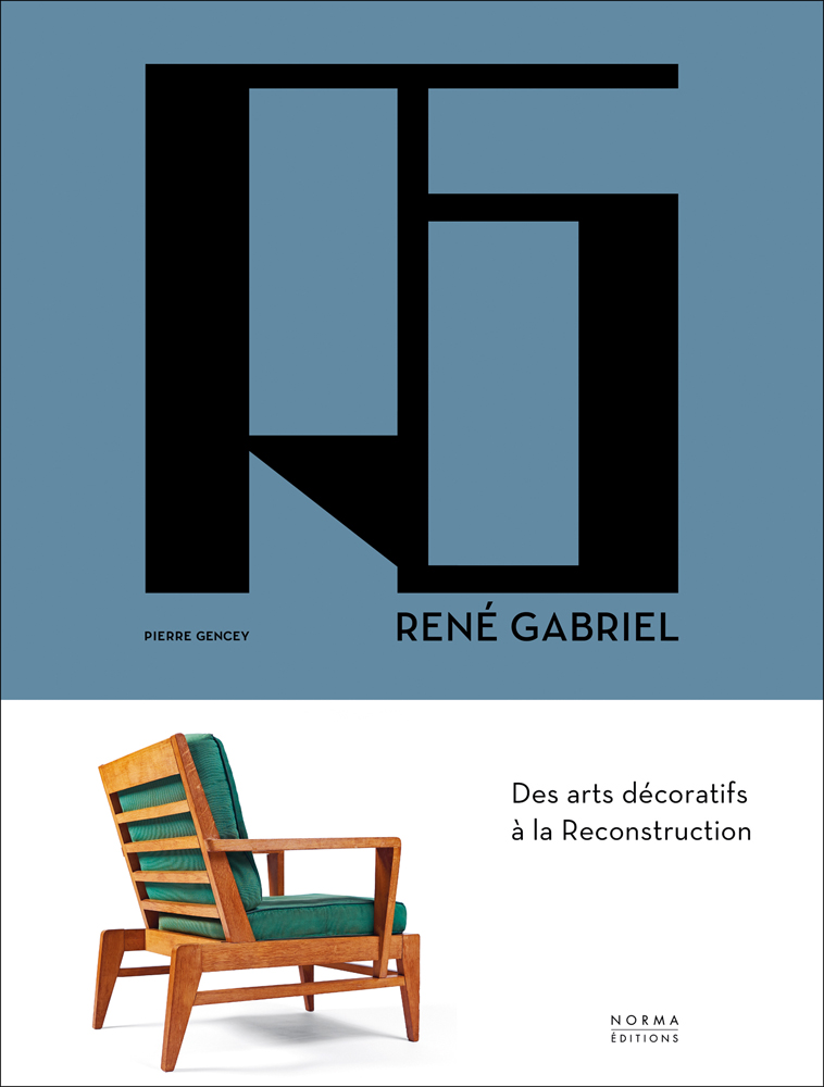 Wood framed armchair with green cushions, on cover of 'René Gabriel, Des arts décoratifs à la Reconstruction', by Editions Norma.
