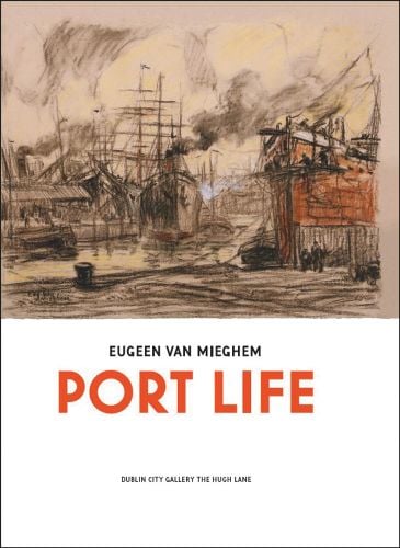 Sketch of dockyard, ship funnel with steam and Eugeen van Mieghem in black font on white banner